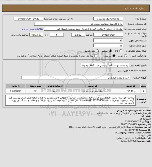 استعلام به تعداد دو دستگاه پژو پارس مدل 1400 به بالا