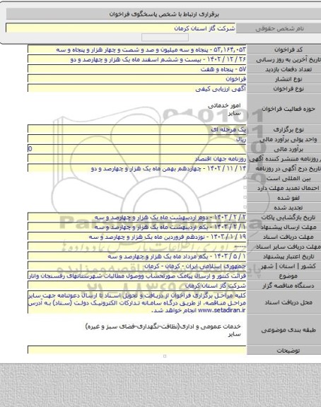 مناقصه, قرائت کنتور و ارسال پیامک صورتحساب ووصول مطالبات شهرستانهای رفسنجان وانار