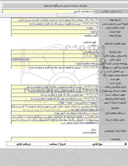 مناقصه, واگذاری بخشی از خدمات اداری، مالی، فنی و بهره برداری به تعداد ۳۱ (سی و یک) نفر نیروی انسانی مورد نیا