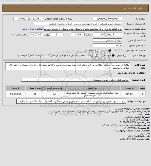 استعلام واگذاری حجم امور خدماتی نظافتی مراکز و پایگاه های مرکز بهداشت بجنورد با 8 نفر نیروی کار و 5 سال سنوات و 1 نفر اولاد مطابق با  پیوست