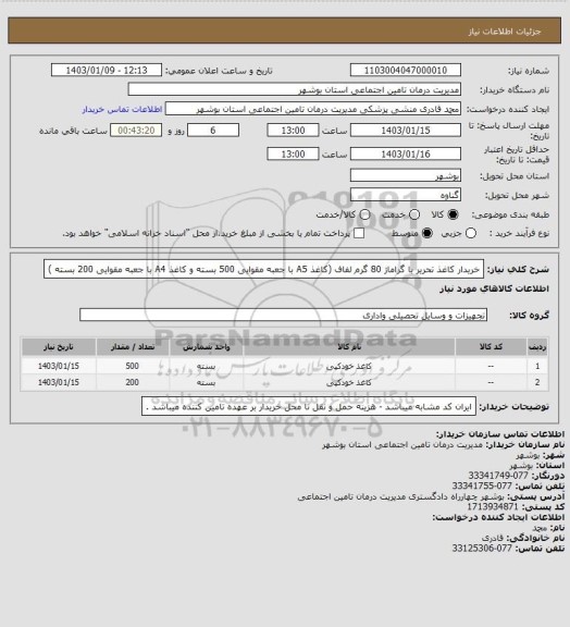 استعلام خریدار کاغذ تحریر با گراماژ 80 گرم لفاف (کاغذ A5 با جعبه مقوایی 500 بسته و کاغذ A4 با جعبه مقوایی 200 بسته )