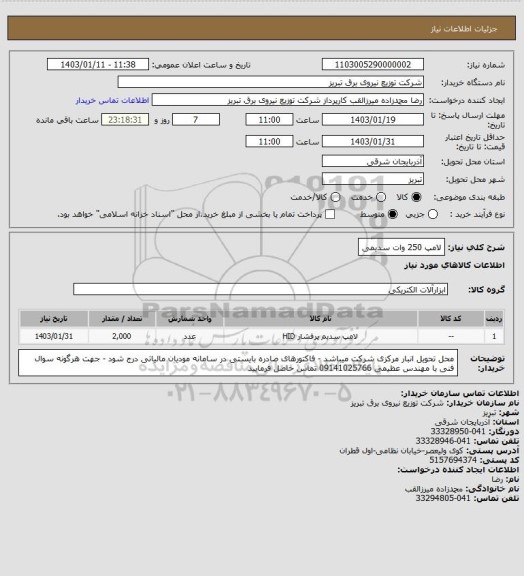 استعلام لامپ 250 وات سدیمی