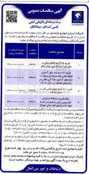 مناقصه خرید 44 آیتم اقلام یدکی و مصرفی دستگاه پیچ جوش تاکر....