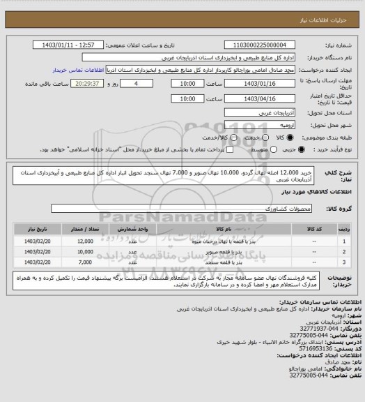 استعلام خرید 12،000 اصله نهال گردو، 10،000 نهال صنوبر و 7،000 نهال سنجد تحویل انبار اداره کل منابع طبیعی و آبیخزداری استان آذربایجان غربی