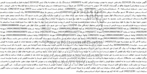 مزایده ششدانگ یک باب مغازه به پلاک ثبتی 22/14120