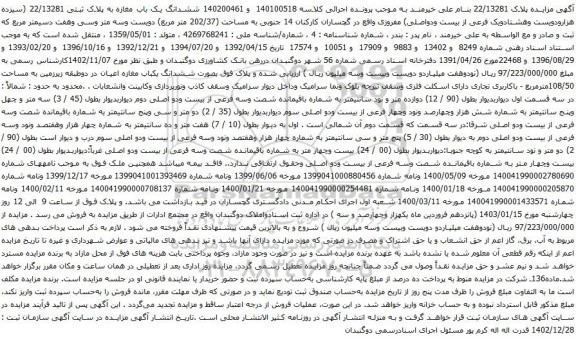 مزایده ششدانگ یک باب مغازه به پلاک ثبتی 22/13281
