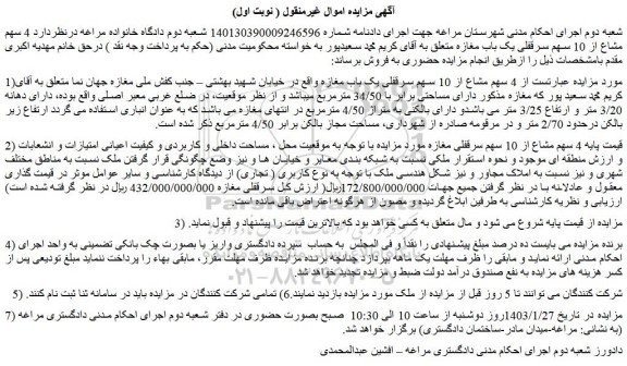 مزایده فروش 4 سهم مشاع از 10 سهم سرقفلی یک باب مغازه 