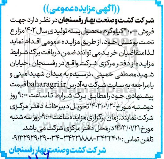 مزایده عمومی فروش 40.000 کیلوگرم محصول پسته تولیدی سال 1402