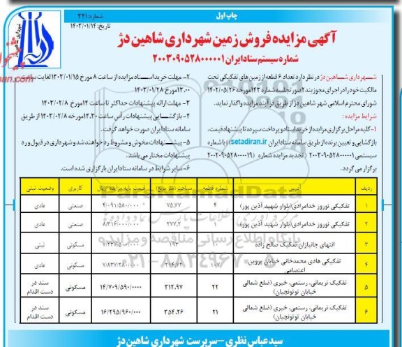 مزایده فروش 6 قطعه از زمین های تفکیکی
