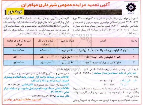 مزایده بهره برداری از تابلوهای تبلیغاتی تجدید نوبت دوم