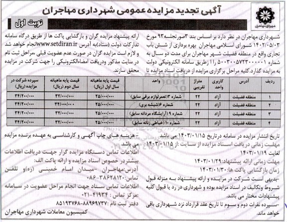 مزایده بهره برداری از شش باب تجاری- تجدید
