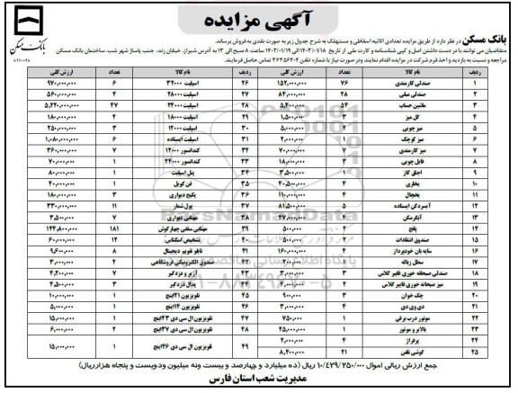 مزایده فروش تعدادی اثاثیه اسقاطی و مستهلک 