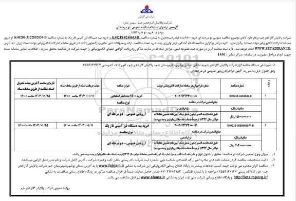 مناقصه خرید 2500 عدد فیلتر استابلایزر ....