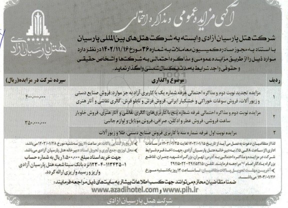 مزایده و مذاکره احتمالی عمومی غرفه شماره یک با کاربری آزاد...