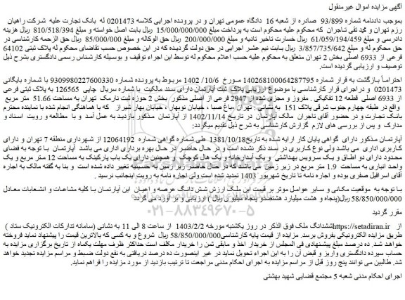 مزایده فروش ملک به پلاک ثبتی فرعی از 6933 اصلی قطعه 12 تفکیکی . مفروز و مجزی شده از 2947 فرعی از اصلی