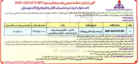 فراخوان مناقصه خرید درب ضدسرقت کامل به همراه یراق آلات 