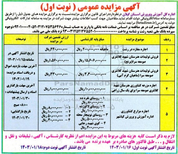 مزایده اجاره مغازه و ...