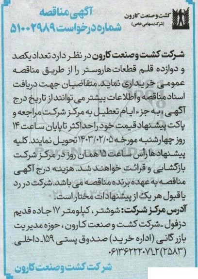 مناقصه تعداد یکصد و دوازده قلم قطعات هاروستر 