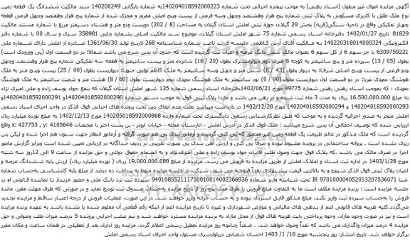 مزایده ششدانگ یک قطعه زمین با کاربری مسکونی به پلاک ثبتی شماره پنج هزار وهشتصد وچهل وسه فرعی از بیست وپنج اصلی
