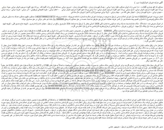 مزایده یک واحد مسکونی به شماره ثبتی 1459 اصلی بخش 1 اردبیل 