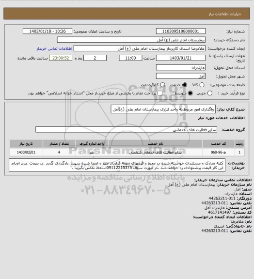 استعلام واگذاری امور مربوط به واحد لنژری بیمارستان امام علی (ع)آمل