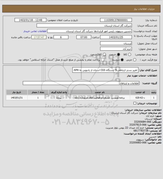 استعلام تغییر بستر ارتباطی 5 ایستگاه CGS استان از رادیویی به APN