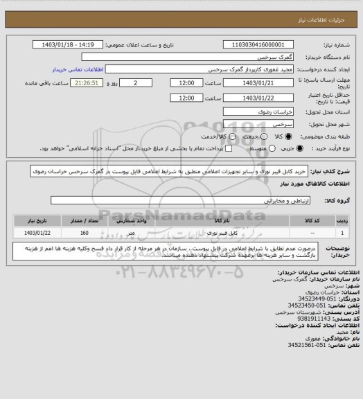 استعلام خرید کابل فیبر نوری و سایر تجهیزات اعلامی منطبق به شرایط اعلامی فایل پیوست در گمرک سرخس خراسان رضوی