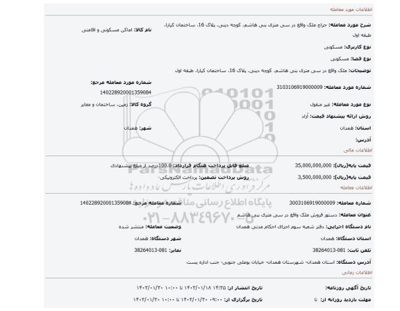 ملک واقع در سی متری بنی هاشم، کوچه دینی، پلاک 16، ساختمان کیارا، طبقه اول