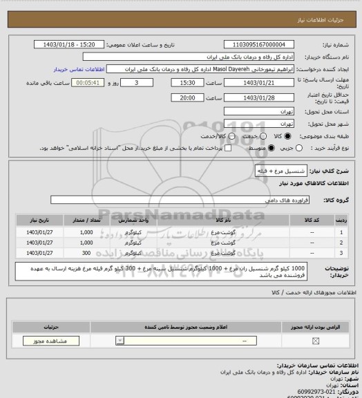 استعلام شنسیل مرغ + فیله
