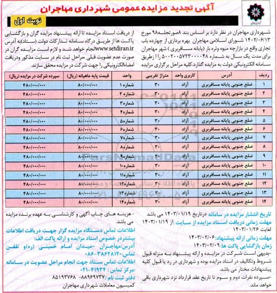 مزایده بهره برداری از چهارده باب تجاری تجدید 