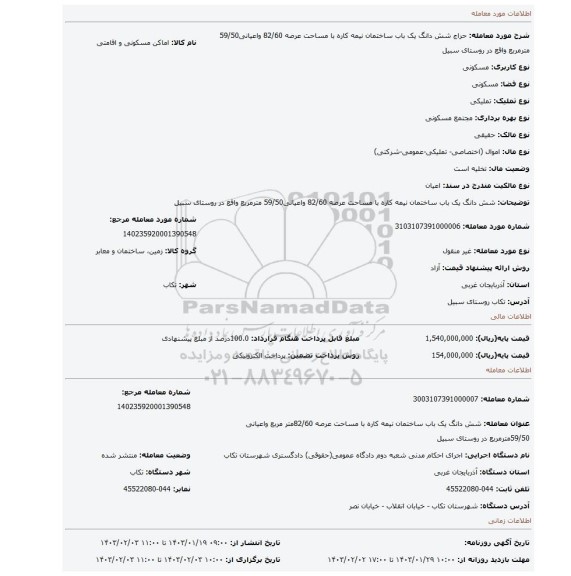 شش دانگ یک باب ساختمان نیمه کاره با مساحت عرصه 82/60 واعیانی59/50 مترمربع  واقع در روستای سبیل