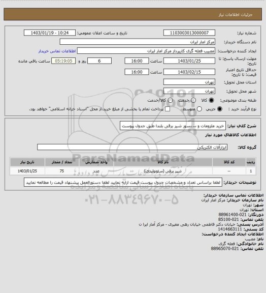 استعلام خرید ملزومات و سنسور شیر برقی بلندا  طبق جدول پیوست