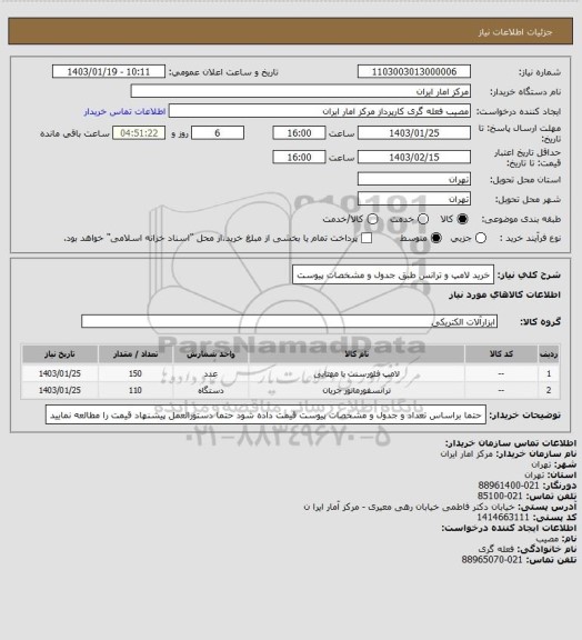 استعلام خرید لامپ و ترانس طبق جدول و مشخصات پیوست