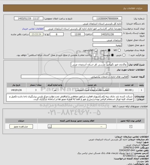استعلام واگذاری امور نگهبانی بازرسی کل استان آذربایجان غربی