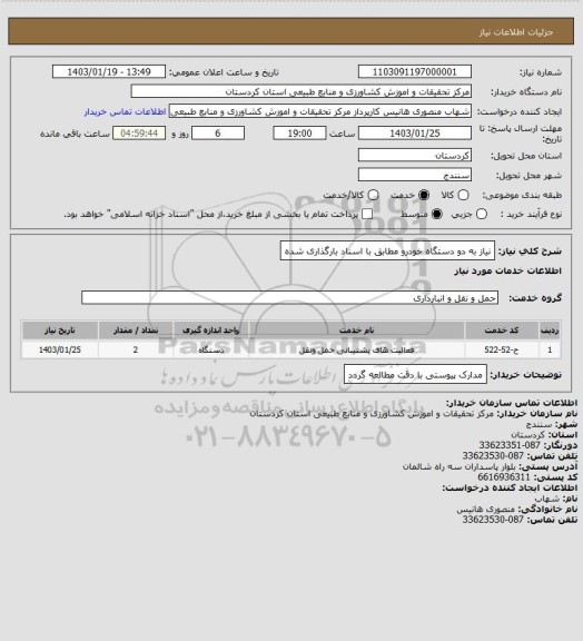 استعلام نیاز به دو دستگاه خودرو مطابق با اسناد بارگذاری شده