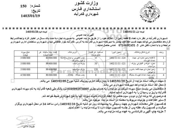 مزایده اجاره تعداد 8 قطعه زمین 