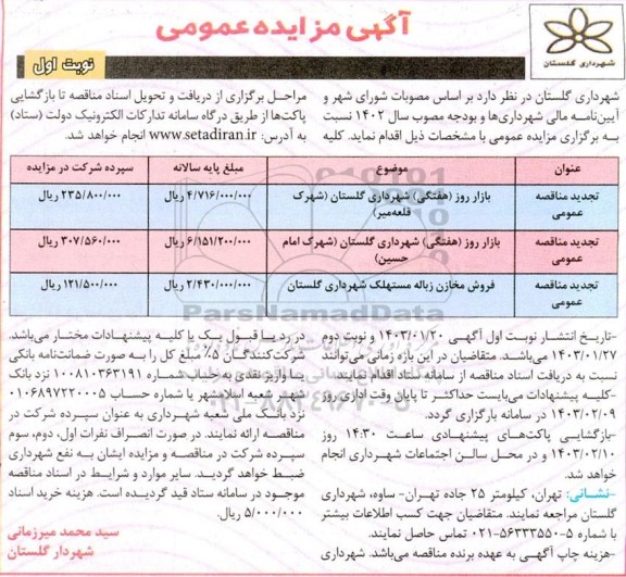 مزایده عمومی بازار روز (هفتگی) شهرداری...