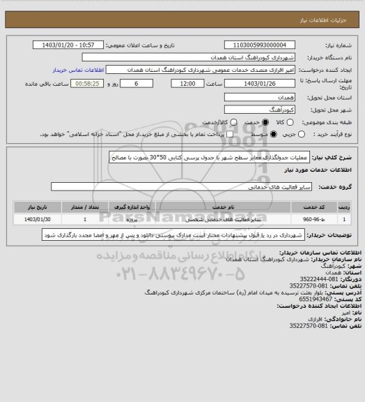 استعلام عملیات جدولگذاری معابر سطح شهر با جدول پرسی کتابی 50*30 بصورت با مصالح