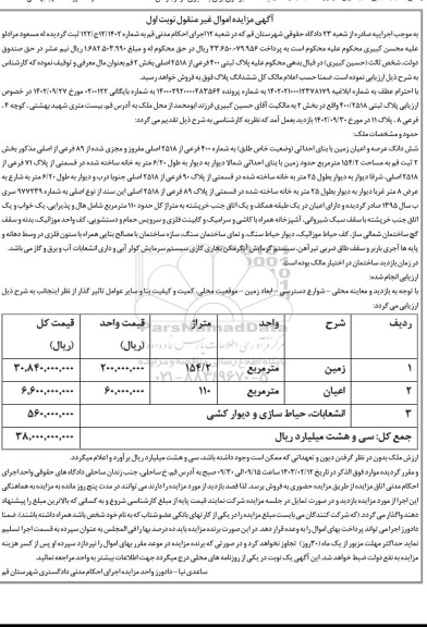 مزایده فروش پلاک ثبتی 400 فرعی از 2518 اصلی بخش دو