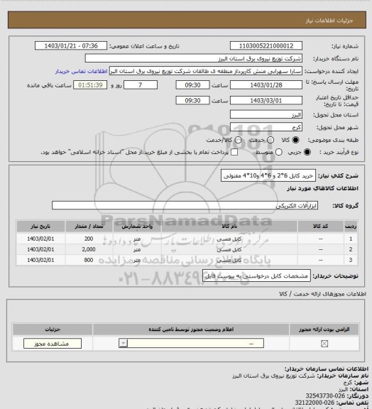 استعلام خرید کابل 6*2 و 6*4 و10*4 مفتولی