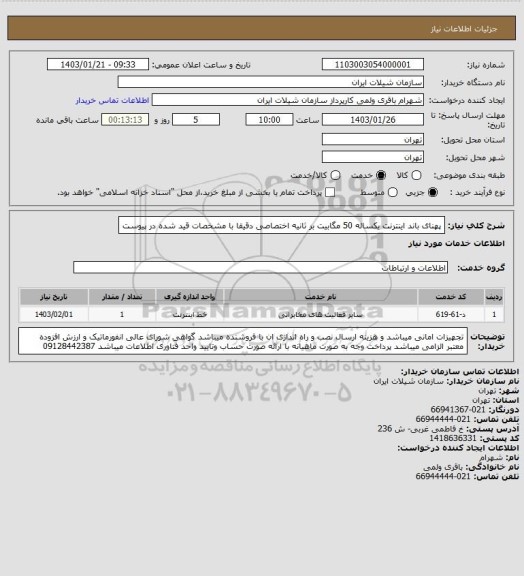 استعلام پهنای باند اینترنت یکساله 50 مگابیت بر ثانیه اختصاصی دقیقا با مشخصات قید شده در پیوست