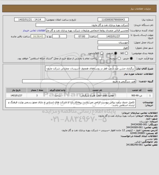 استعلام برگزاری جشن عید سعید فطر در روستاهای همجوار تأسیسات عملیاتی شرکت مارون