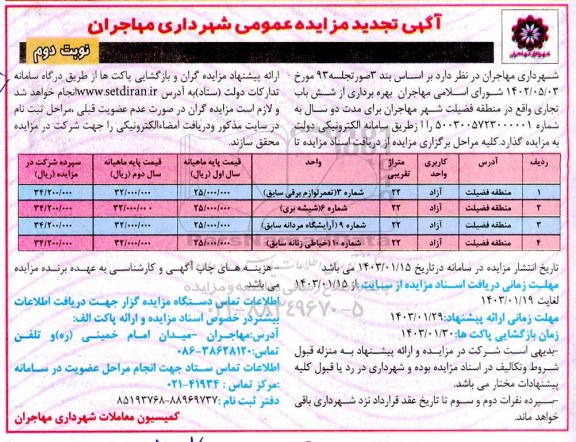 مزایده بهره برداری از شش باب تجاری- تجدید نوبت دوم 