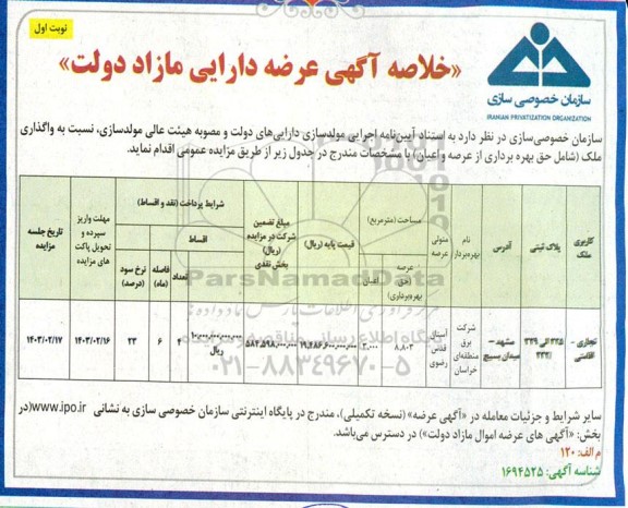 خلاصه آگهی عرضه دارایی مازاد دولت