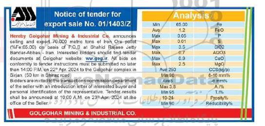 مناقصه و مزایده 70.000 metric tons of Pellet (%Fe:65.00)
