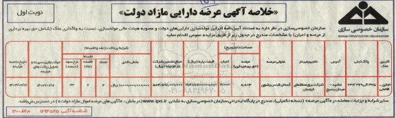 مزایده خلاصه آگهی عرضه دارایی مازاد دولت (شامل حق بهر برداری از عرصه و اعیان)
