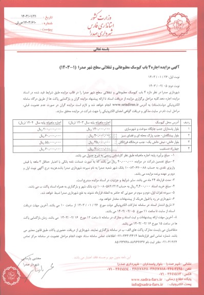 مزایده اجاره 4 باب کیوسک مطبوعاتی و تنقلاتی سطح شهر