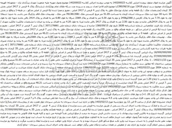 مزایده یک قطعه واحد تجاری نوع ملک طلق به پلاک ثبتی 4 فرعی از 2417 اصلی
