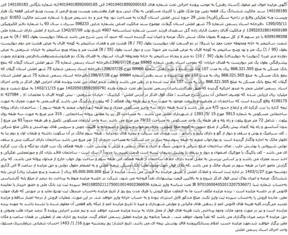 مزایده ششدانگ یک قطعه زمین نوع ملک طلق با کاربری مسکونی به پلاک ثبتی پنج هزار وهشتصد وبیست وپنج فرعی از بیست وپنج اصلی