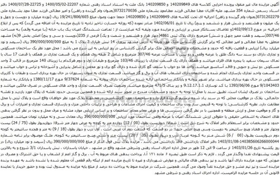 مزایده تمامت ششدانگ اعیان یک باب خانه (با عرصه وقف) به مساحت 307/46مترمربع دارای پلاک ثبتی 4861 فرعی از 235 اصلی